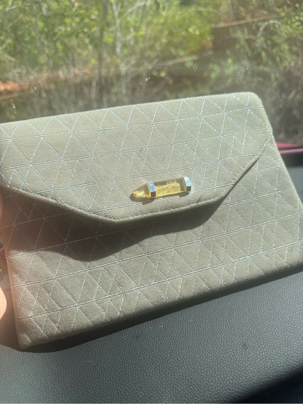 Stella & Dot Light Taupe Quilted Envelope Clutch with Crystal Quartz Accent